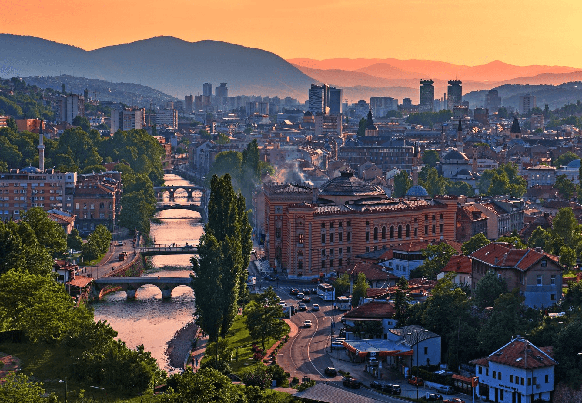 Beautiful aerial view of Sarajevo city with mountains in the background